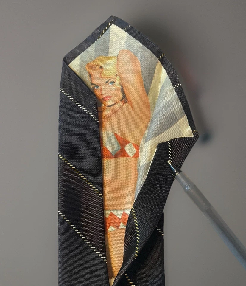 Vintage 1950s Pinup Novelty Tie Black Gold Stripe Acetate Necktie - Image 3 of 4