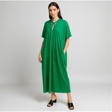 Halston IV Womens Kelly Green Tie Neck Kaftan Maxi Dress Short Sleeve Pockets