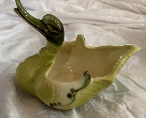 Vintage Green 1950s Hull Pottery 80 Goose Swan Duck Planter Candy Bowl USA
