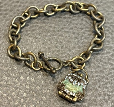 VTG Victorian Style Dark Metal Enamel Purse Rhinestone Locket Charm Bracelet