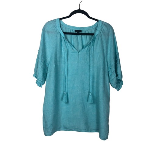 Talbots Womens 100% Linen Short Puff Sleeve V-Neck Tassled Blouse Size L Blue - Picture 1 of 12
