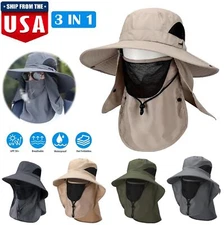 3 IN 1 Fishing Hat UV Sun Protection Wide Brim Hat w/ Face Cover & Neck Flap USA