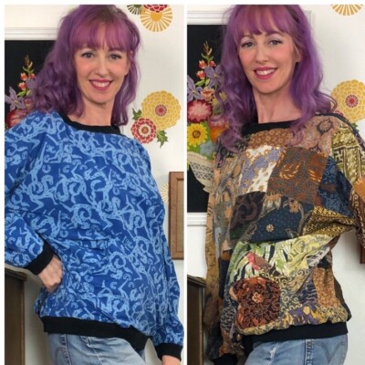 Vtg Reversible Batik Print Pullover, Crew Neck Sweatshirt Faux Patchwork  OSFM