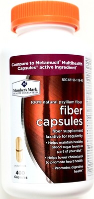Member Mark Fiber Capsules 100% Natural Psyllium Husk, 400 Capsules Each Bottle