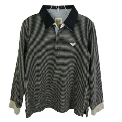 Armani Junior Shirt Boys Size 7 Long Sleeve Top Black Blue Gray Striped