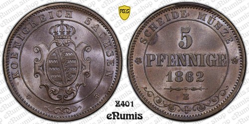 Germany, Saxony, Johann, 5 Pfennige 1862 B, PCGS MS 64 BN - Picture 2 of 8