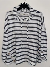 All in Love Pullover Hoodie Top 3/4 Sleeve Sweatshirt White Gray Striped Size XL