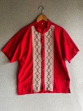Mexican Guayabera Shirt Mens XL Red Embroidered Resort Beach Vacation Artisan