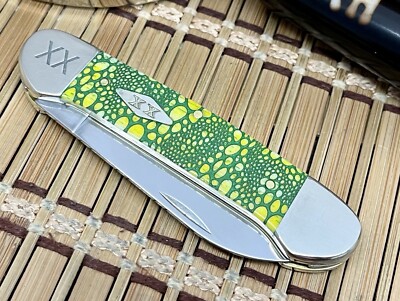 Case XX USA Yellow Bone Green Edition Lizard Skin 1/500 Canoe Pocket Knife