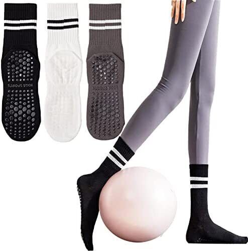 3 Pairs Yoga Socks with Grips, Non Slip Grip Crew Socks for Pilates Barre Dance - Picture 17 of 45