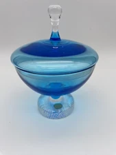 Vintage Blue Glass Covered Candy Dish Made In Sweden