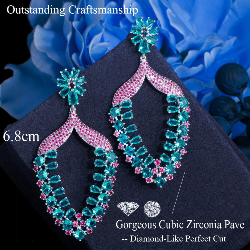 Women Big Statement Earrings Long Drop Dangle Zircon Party Silver Plated Jewelry