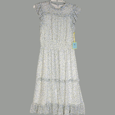 Cee Cee Country Stroll Midi Dress Womens XL Blue White Floral Ruffle Tiered New