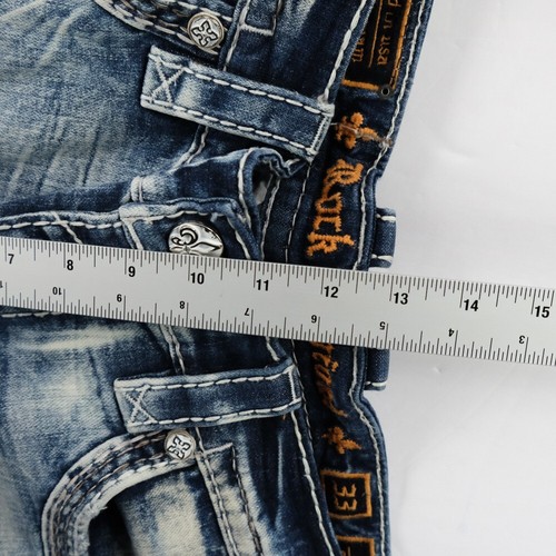 Rock Revival Jeans Rahm Straight Mens Size 33 Blue Denim Distressed 34x33 Repair - Picture 7 of 9