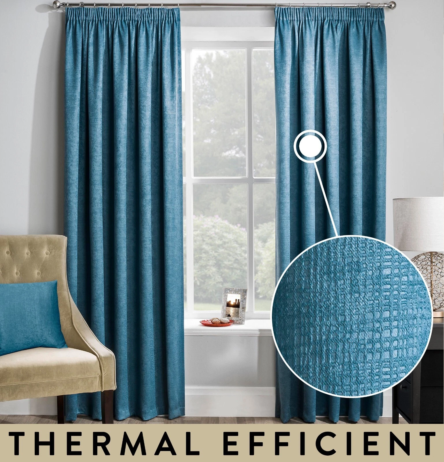 Teal Blue Thermal Textured Pencil Pleat Curtains – Room Darkening, Energy Saving