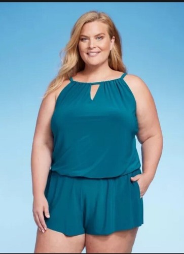 NWT High Neck Swim Bathing Suit Romper w/Pockets Swimsuit Aqua Green Size 17