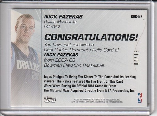 Nick Fazekas-2007-08 Bowman Elevation Rookie Relics Dual #RDR-NF (8/19) - Picture 2 of 2