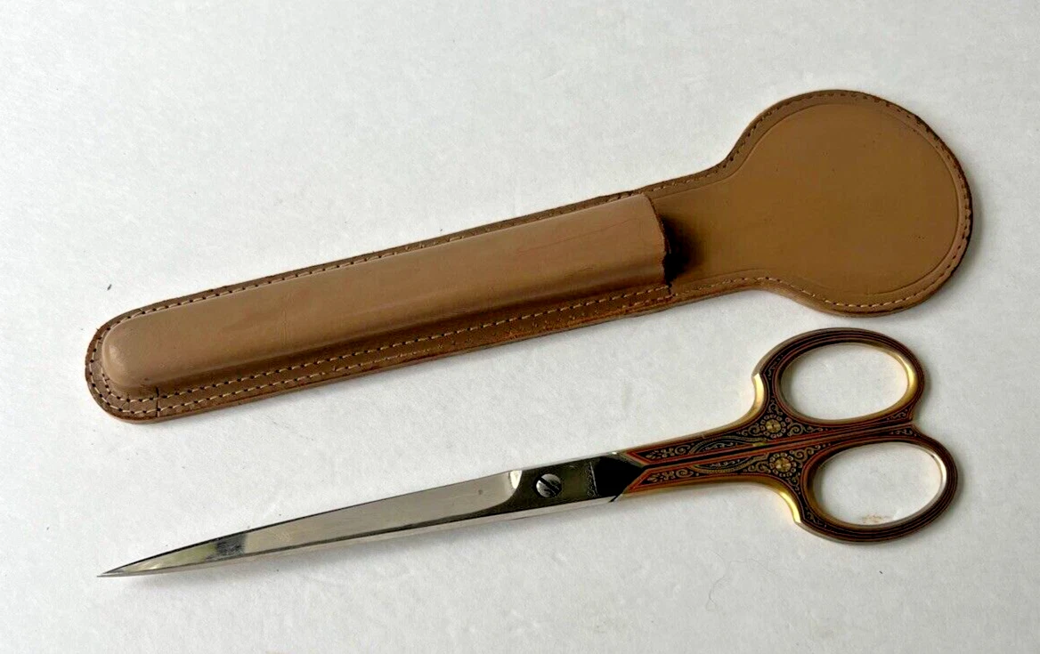 Grasoli Stainless Enamel Red & Brown Design 9" Scissors Germany + Case Art Deco