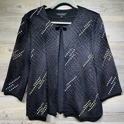Ming Wang Black Cardigan Sweater Womens Medium Textured Knit Dots Top Hook & Eye