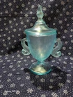 Vintage Fenton Satin Glass Aqua Blue Covered Candy Dish with Koi Fish Handle