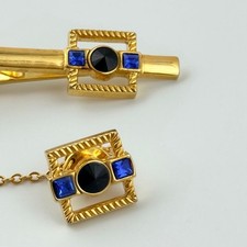 Gold Tone Blue Black Rhinestone Tie Bar Chain Clasp Vintage Mens Tie Clip