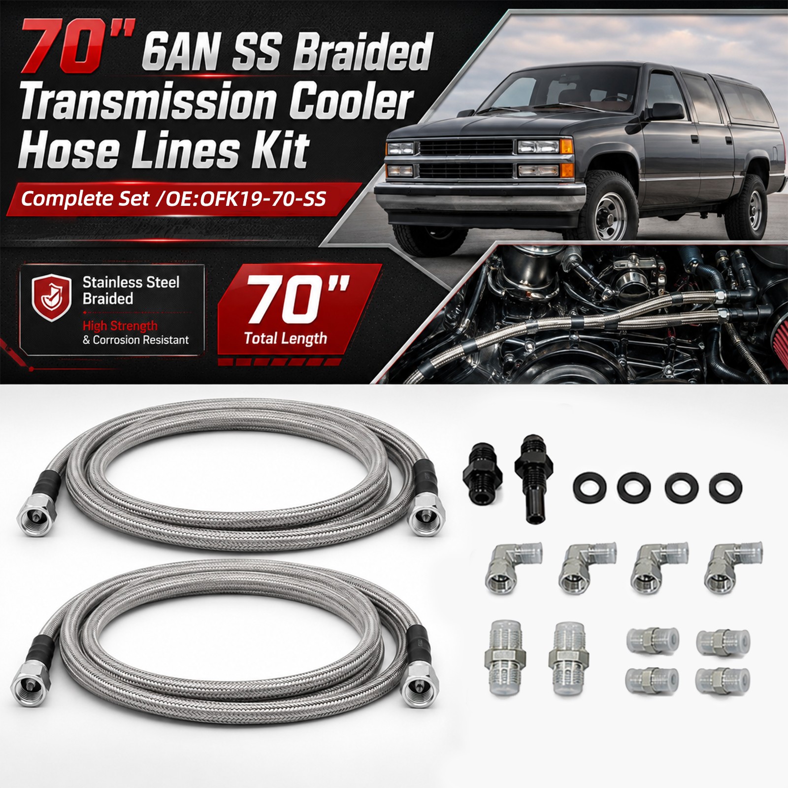 For GM 4L60E 4L80E Flexible SS Braided Transmission Cooler Lines Kit -6AN Hose