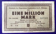 Munich Bayer. Construction Industry 1 Million Mark 24.8.23, KN 5 Digit, Pick 555a, Erh IV