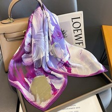 100 Mulberry Silk 27" Square Scarf Women Vintage Neckerchief Wrap Purple Flower