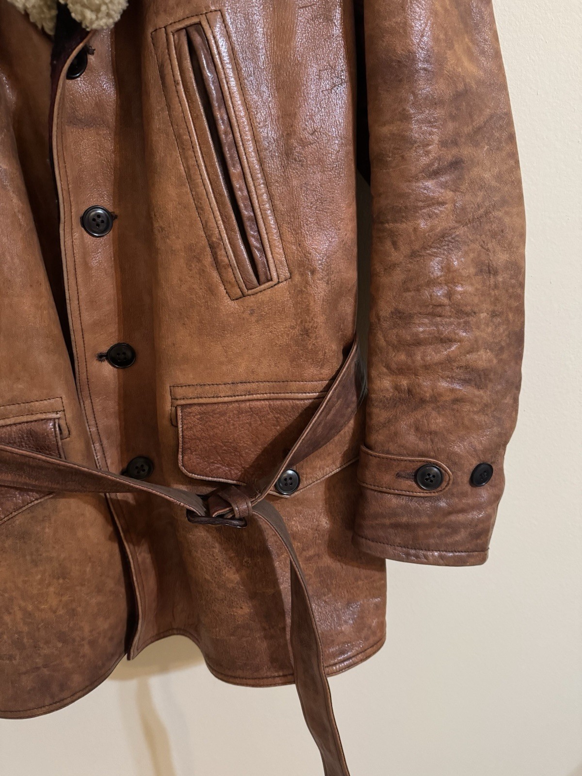 Polo Ralph Lauren Leather Shearling Belted Coat Wool Lined Western Brown Small image 4