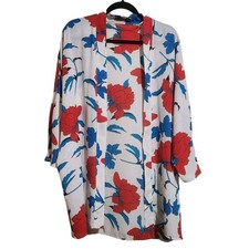 Oasis Fashion White Blue Red Floral Women's Kimono Topper Coverup Beachy Small