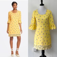 Draper James Women's Roslyn Dress Yellow Pink Floral 3/4 Bell Sleeve sz 0