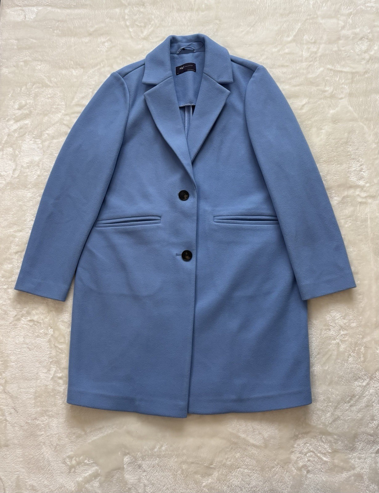 M&S Cornflower Blue Cotton Blazer Over Coat Single Breasted Midi Jacket Size 12
