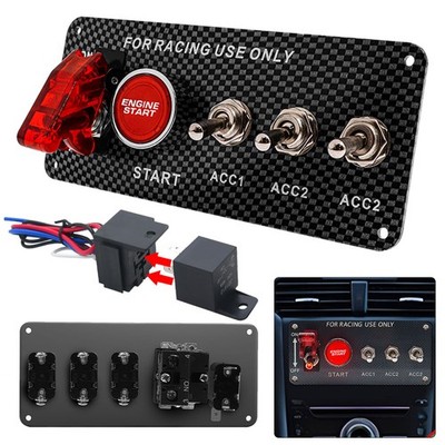 5in1 Ignition Switch Panel Engine Start Push Button Toggle 12V LED Carbon Fiber