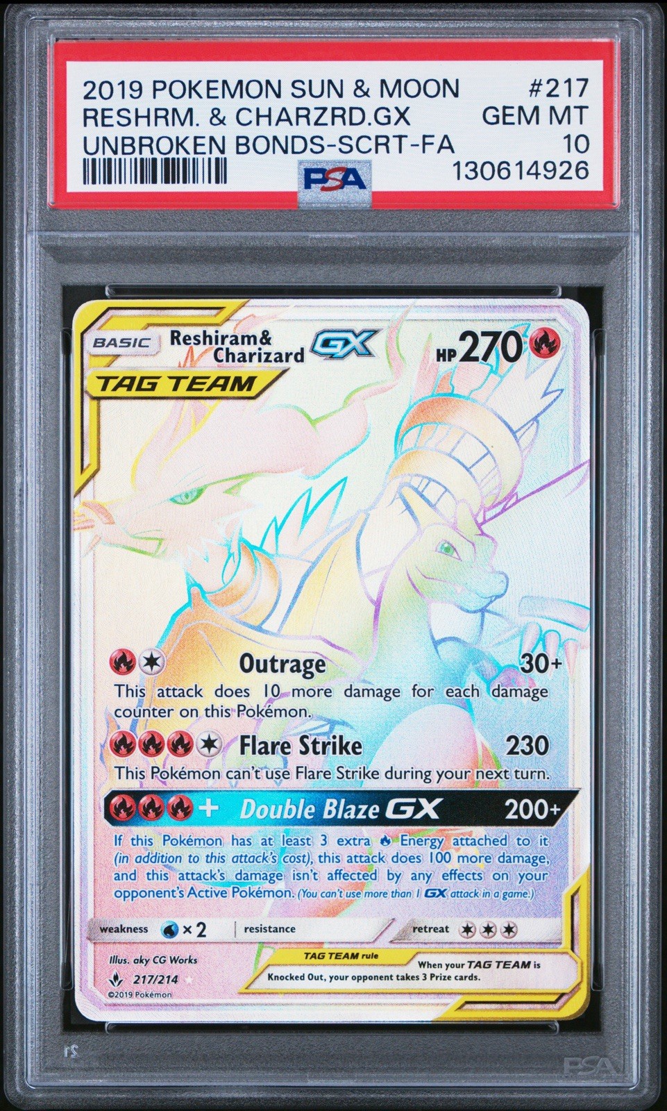 Reshiram & Charizard GX (Secret) 217/214 Sm-Unbroken Bonds Holo PSA 10