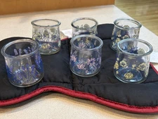 6 Yoplait Oui Glass Yogurt Jars Empty Clear Glass Blue Pink Wheat Flowers Clean