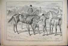 Old Antique Print 1888 Horses Men Riding Countryside Ellmans Lubrication 19th