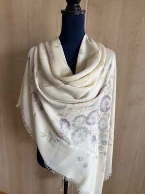 Loro Piana Large Square Shawl Scarf 148cm Cashmere Silk Ivory Floral Italy