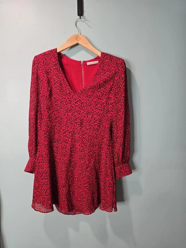 Mini Abito Alice & Olivia Rosso POLLY Stampa Leopardata San Valentino Sexy Scollo a V Taglia 8