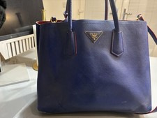 Prada Saffiano Cuir Double Medium Tote Handbag Blue Leather