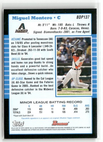 2005 BOWMAN DRAFT PICKS & PROSPECTS #BDP137 MIGUEL MONTERO DIAMONDBACKS RC - Picture 2 of 2