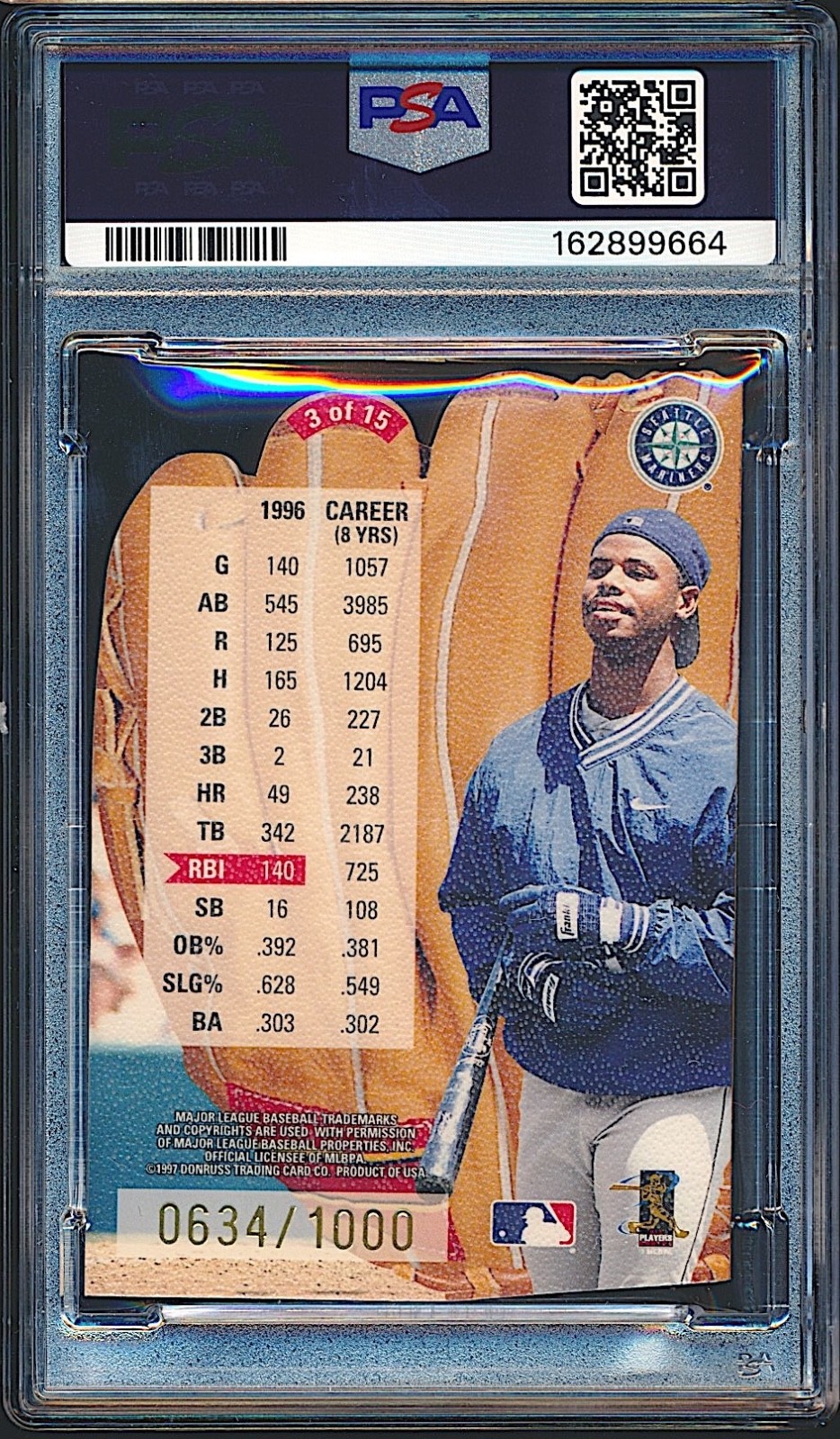 1997 Leaf Statistical Standouts Ken Griffey Jr. /1000 PSA 10 GEM MINT view 2