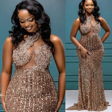 Rose Gold Sleeveless Mermaid Ball Dress Lace Beaded Glitter Party Evening Gown
