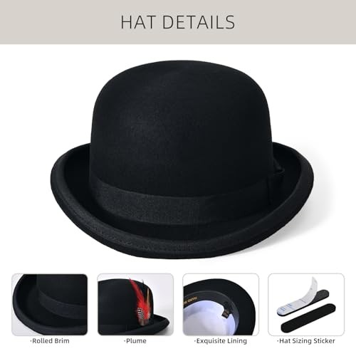 Mens Bowler Hat 100% Wool Womens Derby Hats with Feather Costume 7 1/8 Black - Picture 2 of 6