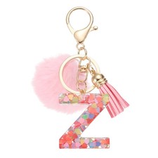 Alphabet Initial Letter Z Keychain, Cute Tassel Fur Ball Pom Key Chain, Pink