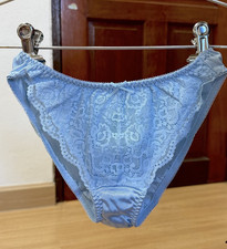 VTG Baby Blue Silky Panty Polyester Hi Cut Bikini Nylon Floral Lace Brief Sz.6/M