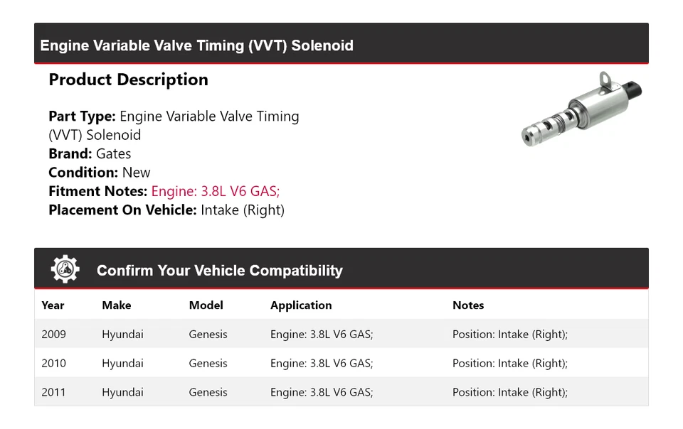Puertas solenoide de distribución de válvula variable (VVT) para motor Hyundai Genesis 2009-2011 Foto 2 de 4