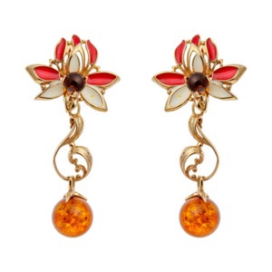 Authentic Magnificent Genuine Baltic Amber Earrings Gold Plated Cognac Color