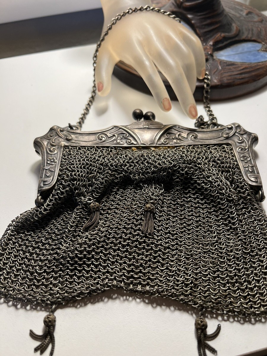 Victorian Unique GERMAN SILVER Mesh EVENING Bag Ornate Frame KISS