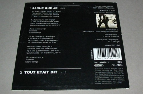 Jean jacques GOLDMAN Sache que je. CD Single 1997 - Picture 2 of 2
