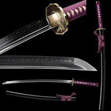 Sharp Clay Tempered T10 Steel Blade Japanese Sword Samurai Katana Brass Tsuba